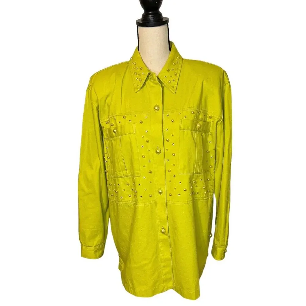 Vintage Saint Germain Paris XL Chartreuse Embellished Button Shirt Maximalist